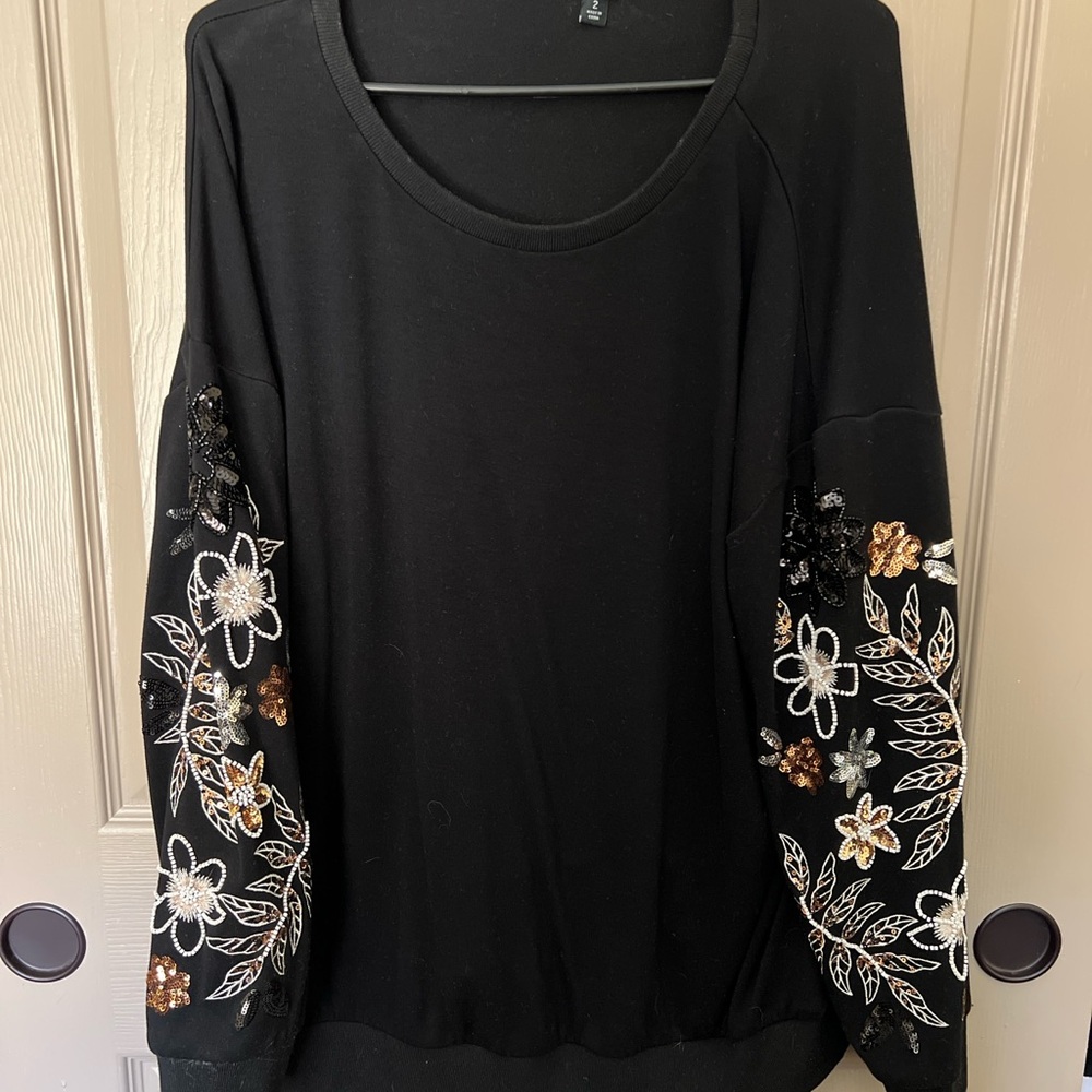 Ponte Crew Neck Drop Shoulder Floral Sequin Sweatshirt